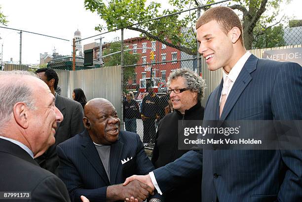 Basketball legend Cal Ramsey shakes NBA Draft top prospect for 2009 basketball player Blake Griffin at the fall 2009 collection preview for JOE...