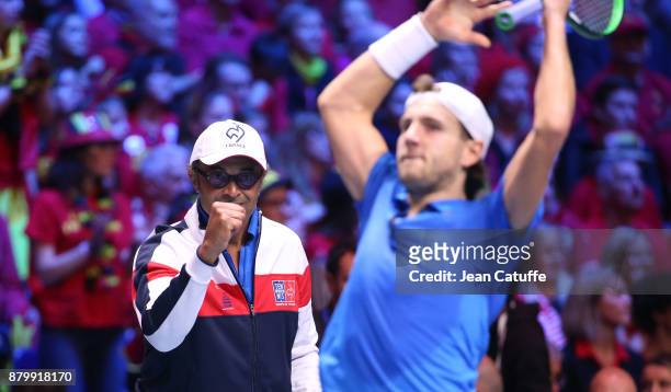 Captain of France Yannick Noah and Lucas Pouille during day 3 of the Davis Cup World Group final between France and Belgium at Stade Pierre Mauroy on...