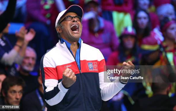 Captain of France Yannick Noah winning the Davis Cup during day 3 of the Davis Cup World Group final between France and Belgium at Stade Pierre...