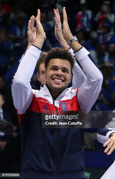 Jo-Wilfried Tsonga of France celebrates winning the Davis Cup during day 3 of the Davis Cup World Group final between France and Belgium at Stade...