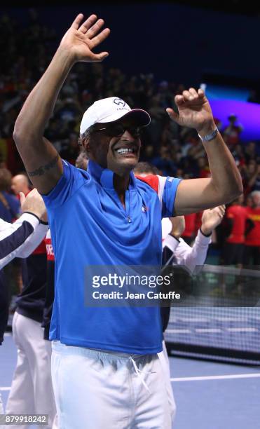 Captain of France Yannick Noah celebrates winning the Davis Cup during day 3 of the Davis Cup World Group final between France and Belgium at Stade...