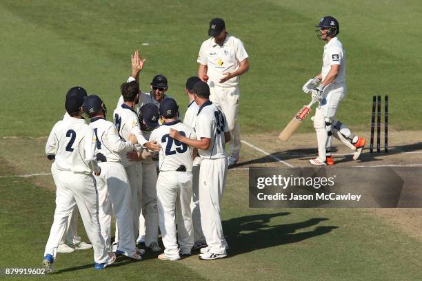 Victorian players celebrate the dismissal of Stephen O'Keefe of NSW off the bowling of Glenn Maxwell of Victoria during day four of the Sheffield...