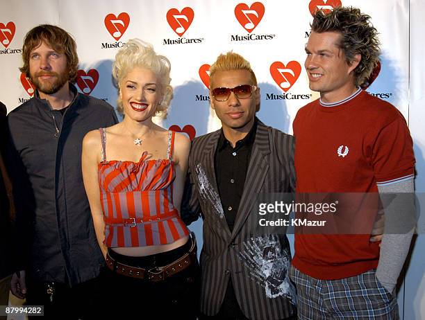 Tom Dumont, Gwen Stefani, Tony Kanan and Adrian Young of No Doubt attend 45th GRAMMY Awards - MusiCares 2003 Person of the Year