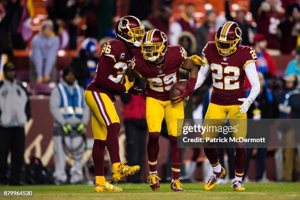 Cornerback Kendall Fuller of the Washington Redskins celebrates wtih free safety D.J. Swearinger and strong safety Deshazor Everett after...