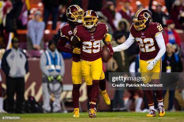 Cornerback Kendall Fuller of the Washington Redskins celebrates wtih free safety D.J. Swearinger and strong safety Deshazor Everett after...