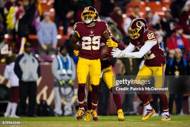 Cornerback Kendall Fuller of the Washington Redskins celebrates wtih free safety D.J. Swearinger and strong safety Deshazor Everett after...