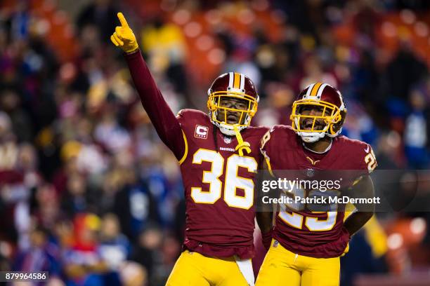 Cornerback Kendall Fuller of the Washington Redskins celebrates wtih free safety D.J. Swearinger after intercepting a pass thrown by quarterback Eli...