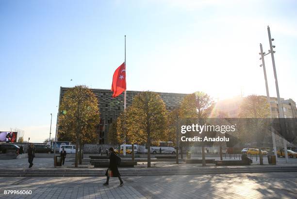 Turkish National flag flies at half-mast at the Taksim Square of Istanbul, Turkey on November 27, 2017. Turkey declared one day national mourning in...