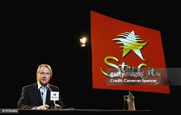 John Farnham's manager Glenn Wheatley discusses Farnham's 'Live By Demand' national tour during a media call at the Lyric Theatre on May 27, 2009 in...