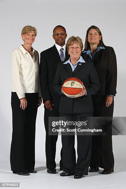 Head coach Marynell Meadors of the Atlanta Dream poses with assistant coaches Carol Ross, Fred Williams and Sue Panek pose during Media Day at...