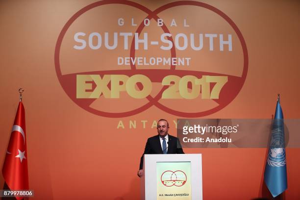 Turkish Foreign Minister Mevlut Cavusoglu gives a speech during the opening of the "Global South-South Development Expo 2017" which organized under...