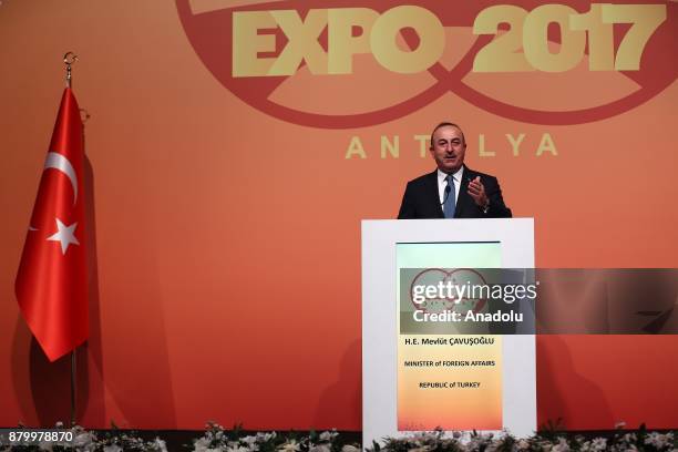 Turkish Foreign Minister Mevlut Cavusoglu gives a speech during the opening of the "Global South-South Development Expo 2017" which organized under...