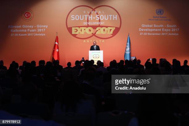 Turkish Foreign Minister Mevlut Cavusoglu gives a speech during the opening of the "Global South-South Development Expo 2017" which organized under...