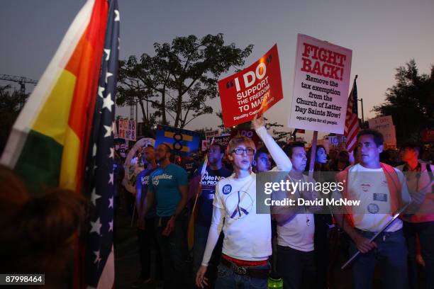 Thousands of supporters of same-sex marriage march from West Hollywood to Hollywood following the California Supreme Court ruling to uphold...