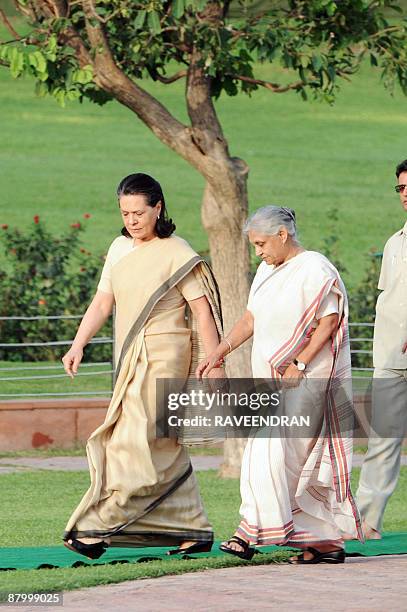 Congress Party President Sonia Gandhi and Delhi Chief Minister Sheila Dixit attend a memorial ceremony for post-independence India's first prime...