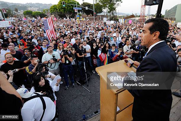 Antonio Villaraigosa, mayor of Los Angeles, speaks at rally following the California Supreme Court's ruling to uphold Proposition 8 on May 26, 2009...