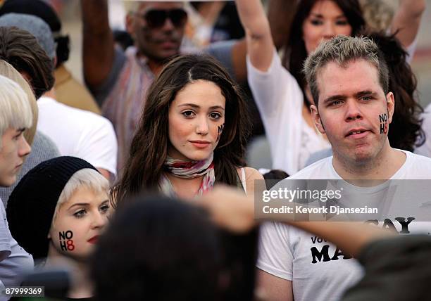 Actress Emmy Rossum, Perez Hilton and Kelly Osbourne attend a march following the California Supreme Court's ruling to uphold Proposition 8, on May...