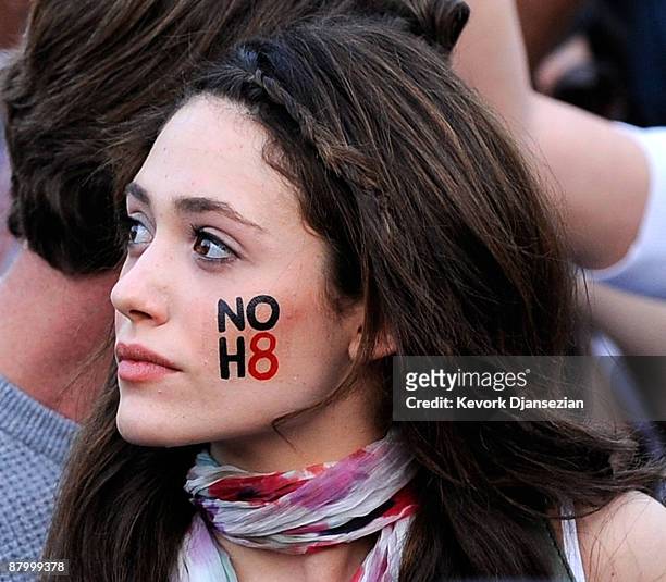 Actress Emmy Rossum attends a march following the California Supreme Court's ruling to uphold Proposition 8, on May 26, 2009 in West Hollywood,...