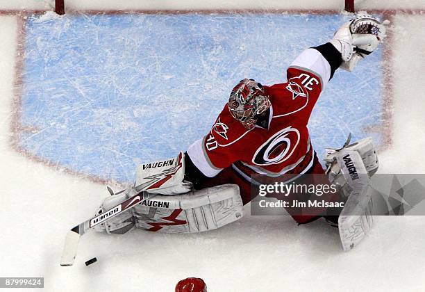 Cam Ward of the Carolina Hurricanes makes a save against the Pittsburgh Penguins during Game Four of the Eastern Conference Championship Round of the...