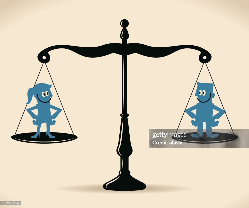 Gender Equality, smiling businessman and businesswoman standing on equal-arm balance scale