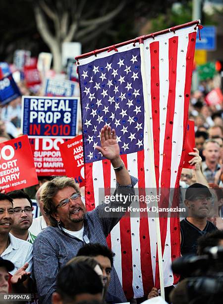 Supporters of same-sex marriage attend a rally on Hollywood Boulevard following the California Supreme Court's ruling to uphold Proposition 8, on May...