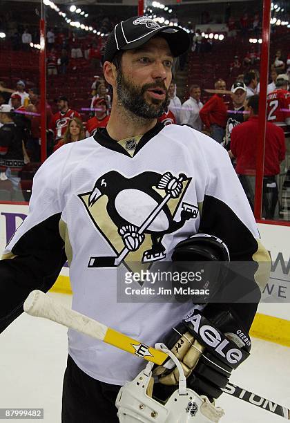 Bill Guerin of the Pittsburgh Penguins celebrates after defeating the Carolina Hurricanes during Game Four of the Eastern Conference Championship...