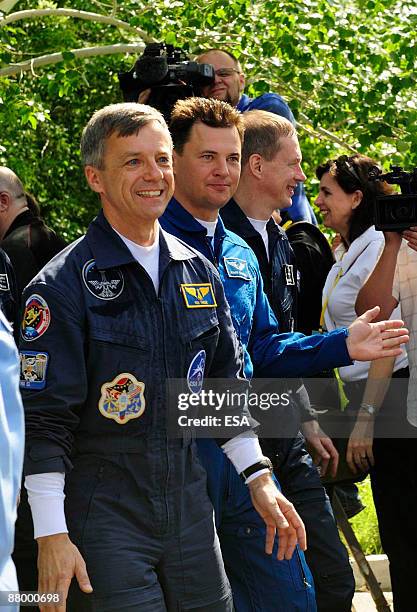 In this handout photo provided by the European Space Agency , The Soyuz TMA-15 crew of Canadian Space Agency astronaut Robert Thirsk , Russian...