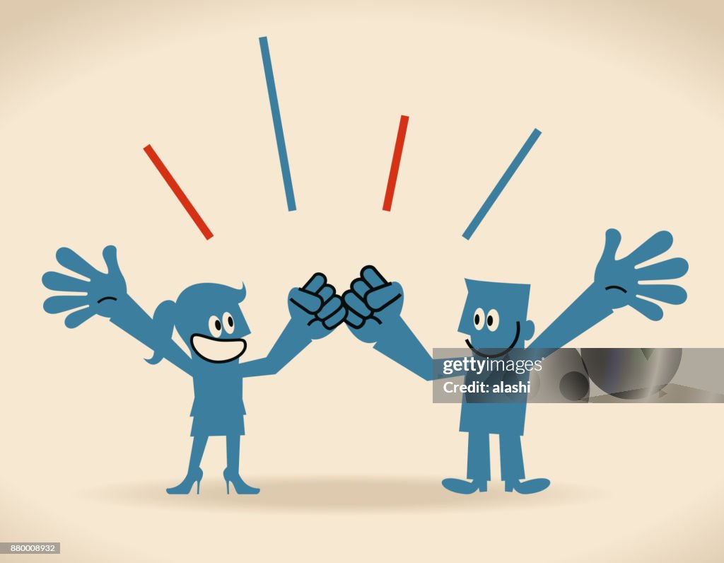 Gender Equality, smiling businessman and businesswoman cheering with fist bump and hand raised