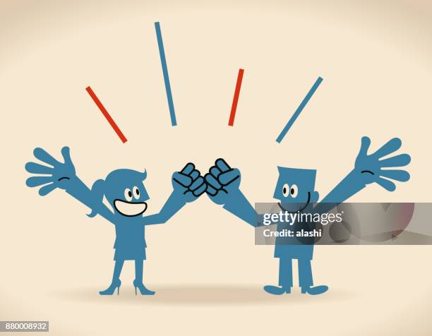 Gender Equality, smiling businessman and businesswoman cheering with fist bump and hand raised