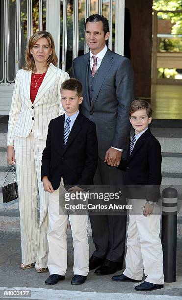 Princess Cristina of Spain, her husband Inaki Urdangarin and sons Juan Valentin and Pablo Nicolas attend Victoria Federica de Marichalar y de Borbon...