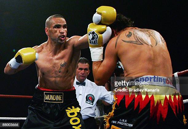 Anthony Mundine attempts to put a jab on Daniel Geale during the IBO middleweight world title fight between Anthony Mundine and Daniel Geale at the...