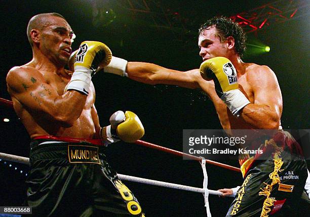 Daniel Geale connects with a right jab during the IBO middleweight world title fight between Anthony Mundine and Daniel Geale at the Brisbane...