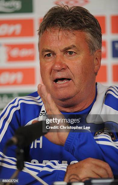 Manager Guus Hiddink talks to the press during the Chelsea Football Club Training Session held at their Cobham Training Ground on May 27, 2009 in...