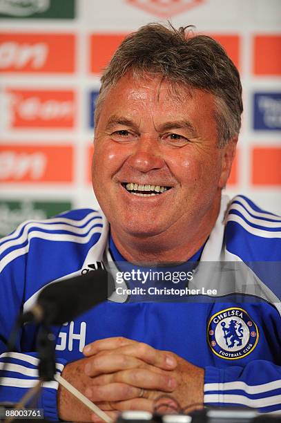 Manager Guus Hiddink talks to the press during the Chelsea Football Club Training Session held at their Cobham Training Ground on May 27, 2009 in...