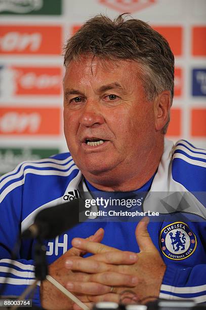 Manager Guus Hiddink talks to the press during the Chelsea Football Club Training Session held at their Cobham Training Ground on May 27, 2009 in...