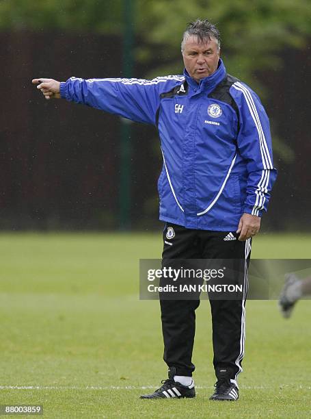 Chelsea's Dutch manager Guus Hiddink attends a team training session at the Club's grounds in Cobham, Surrey, on May 27, 2009. Chelsea will play...