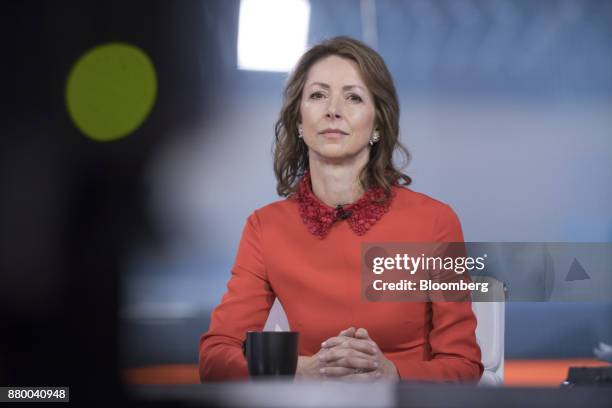 Helena Morrissey, head of personal investing at Legal & General Investment Management Ltd., pauses during a Bloomberg Television interview in London,...