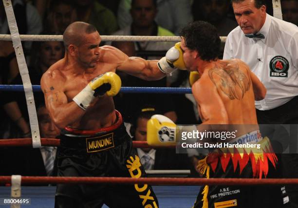 Anthony Mundine connects with a left jab during the IBO middleweight world title fight between Anthony Mundine and Daniel Geale at Brisbane...