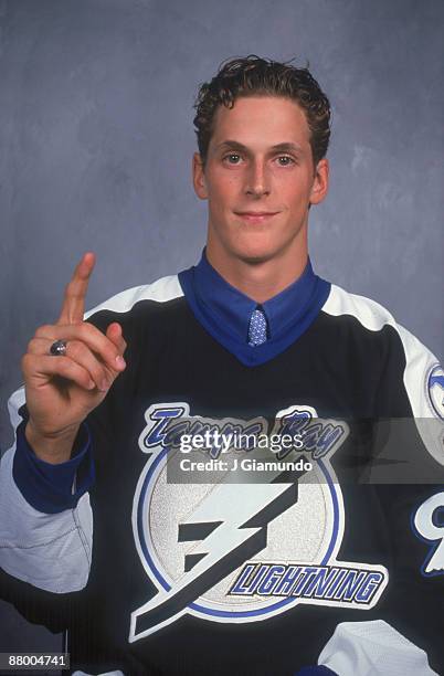 Portrait of Canadian ice hockey player Vincent Lecavalier, in the jersey of the Tampa Bay Lightning, following his first round, first place selection...