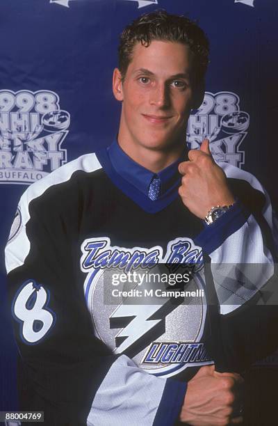 Portrait of Canadian ice hockey player Vincent Lecavalier, in the jersey of the Tampa Bay Lightning, following his first round, first place selection...