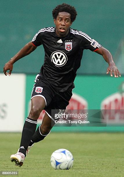 Clyde Simms of D.C. United moves upfield during an MLS match against Real Salt Lake at RFK Stadium on May 23, 2009 in Washington, DC. The game ended...