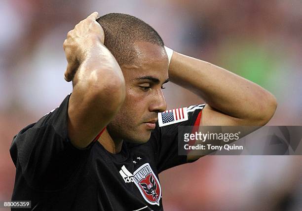 Fred of D.C. United reacts after missing an easy chance during an MLS match against Real Salt Lake at RFK Stadium on May 23, 2009 in Washington, DC....