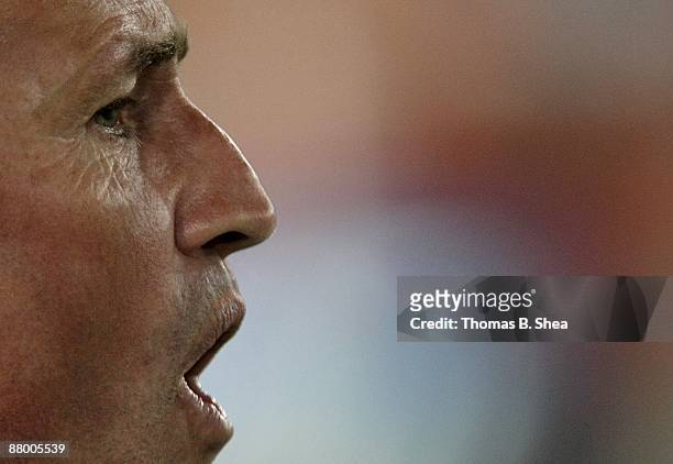 Head coach Dominic Kinnear of the Houston Dynamo watches as his team moves into position against the San Jose Earthquakes at Robertson Stadium on May...