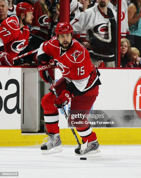 Tuomo Ruutu of the Carolina Hurricanes skates with the puck during Game Three of the Eastern Conference Championship Round of the 2009 Stanley Cup...