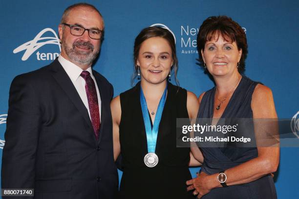 John Newcombe medallist Ashleigh Barty poses with dad Robert and mum Josie arrives at the 2017 Newcombe Medal at Crown Palladium on November 27, 2017...