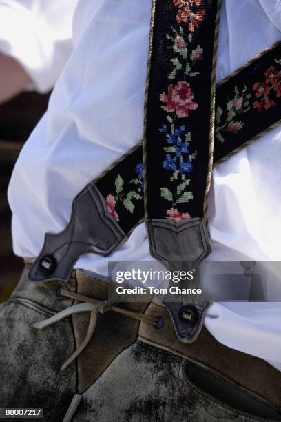 germany, bavaria, penzberg, person wearing traditional costume, rear view, close-up - penzberg stock-fotos und bilder