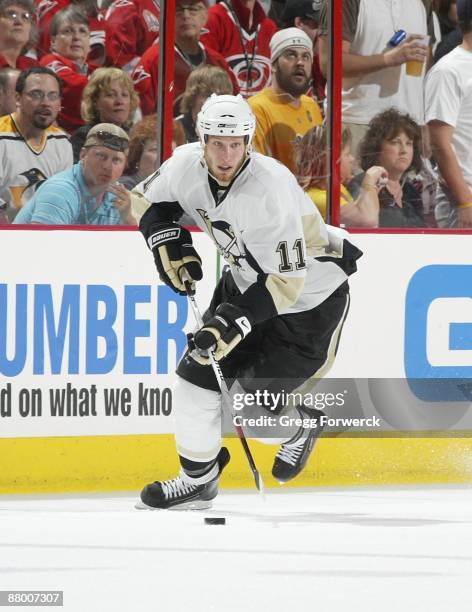 Jordan Staal of the Pittsburgh Penguins skates with the puck during Game Three of the Eastern Conference Championship Round of the 2009 Stanley Cup...