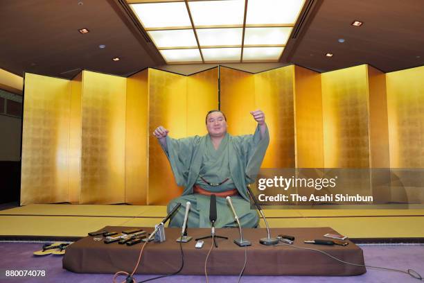 Mongolian yokozuna Hakuho attends a press conference a day after winning the Grand Sumo Kyushu Tournament on November 27, 2017 in Fukuoka, Japan.