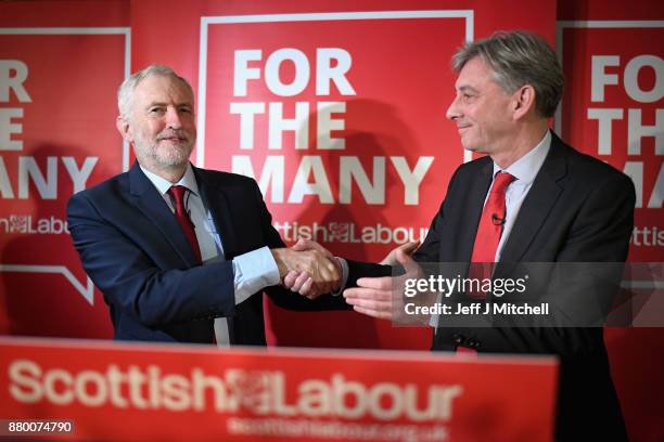 Scottish Labour Party leader Richard Leonard and Labour Party leader Jeremy Corbyn address party activists at the Lighthouse on November 27, 2017 in...