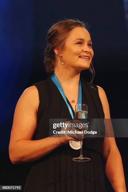 John Newcombe medallist Ashleigh Barty on stage at the 2017 Newcombe Medal at Crown Palladium on November 27, 2017 in Melbourne, Australia.